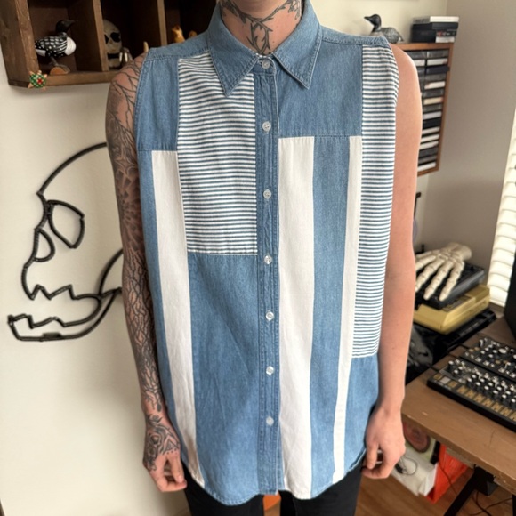 Vintage 80s Striped Denim Sleeveless Button Down Andrews Blues ~ Size M - Picture 5 of 8